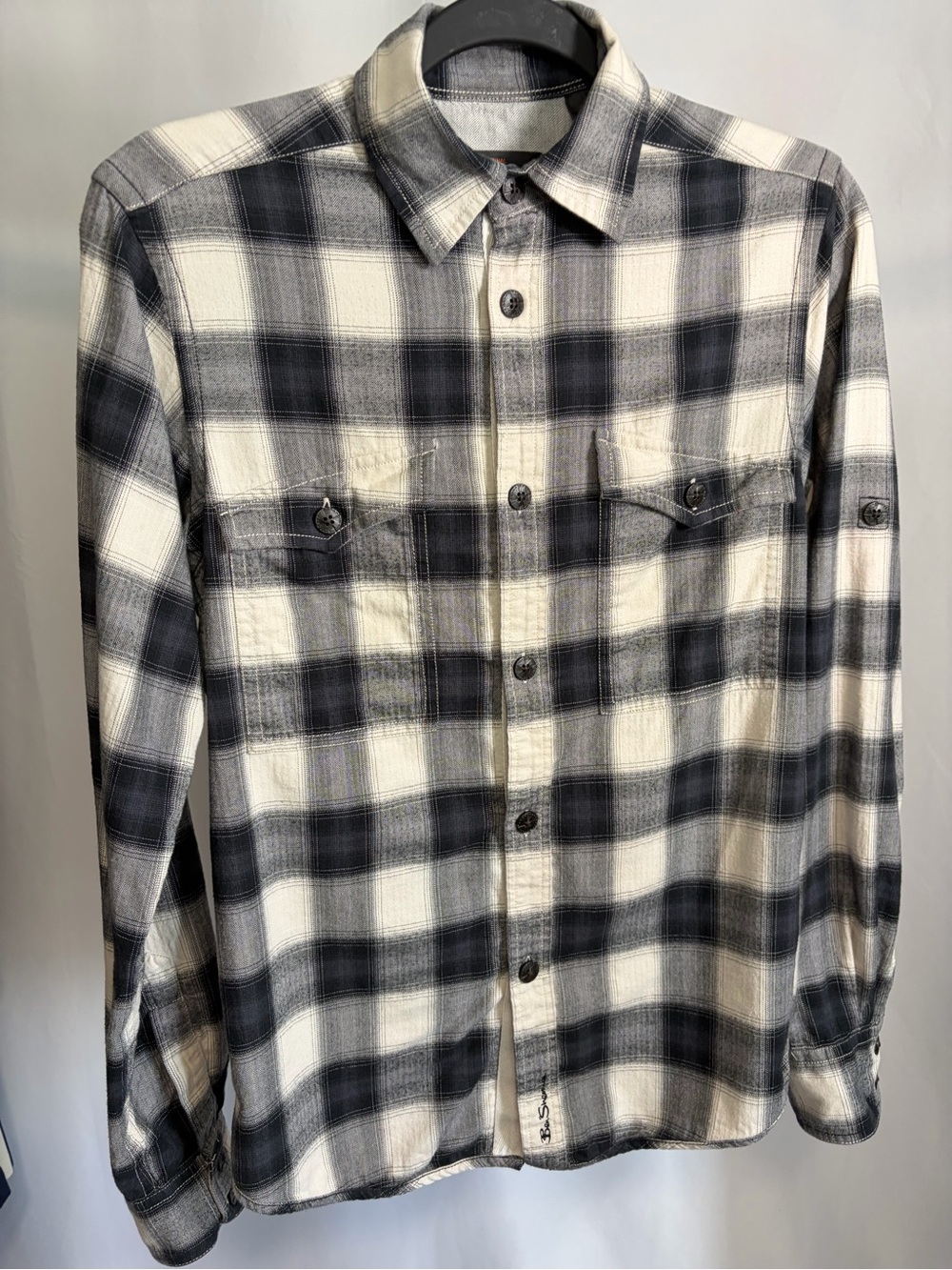 Ben Sherman Black Grey & Cream Plaid Cotton Button-Up Shirt – Men’s XS